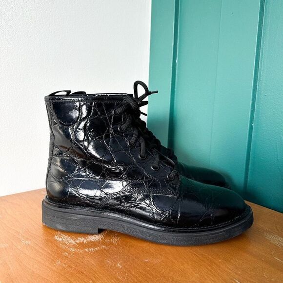 AGL Women’s Moreen Black Embossed Leather Lace-Up Combat Boot - Picture 1 of 13